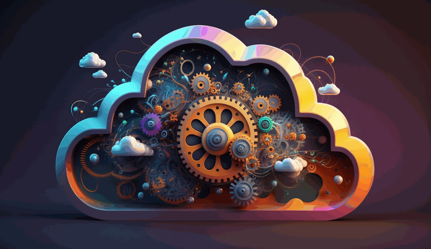 A vibrant 3D animated illustration of a cloud with gears inside, representing a hybrid cloud environment, showcasing the efficient and automated management of the cloud infrastructure.