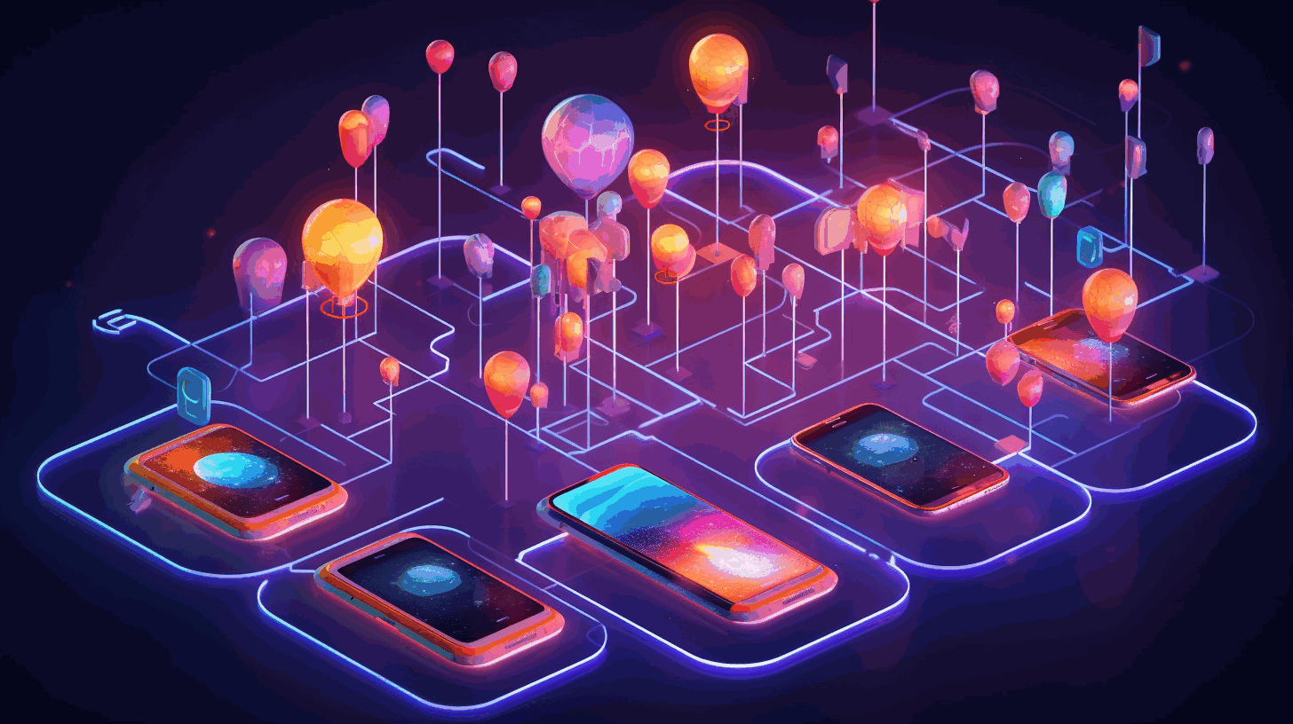 A vibrant illustration showcasing a network of interconnected devices with Helium Mobile branding, symbolizing the innovative and decentralized approach to mobile connectivity.