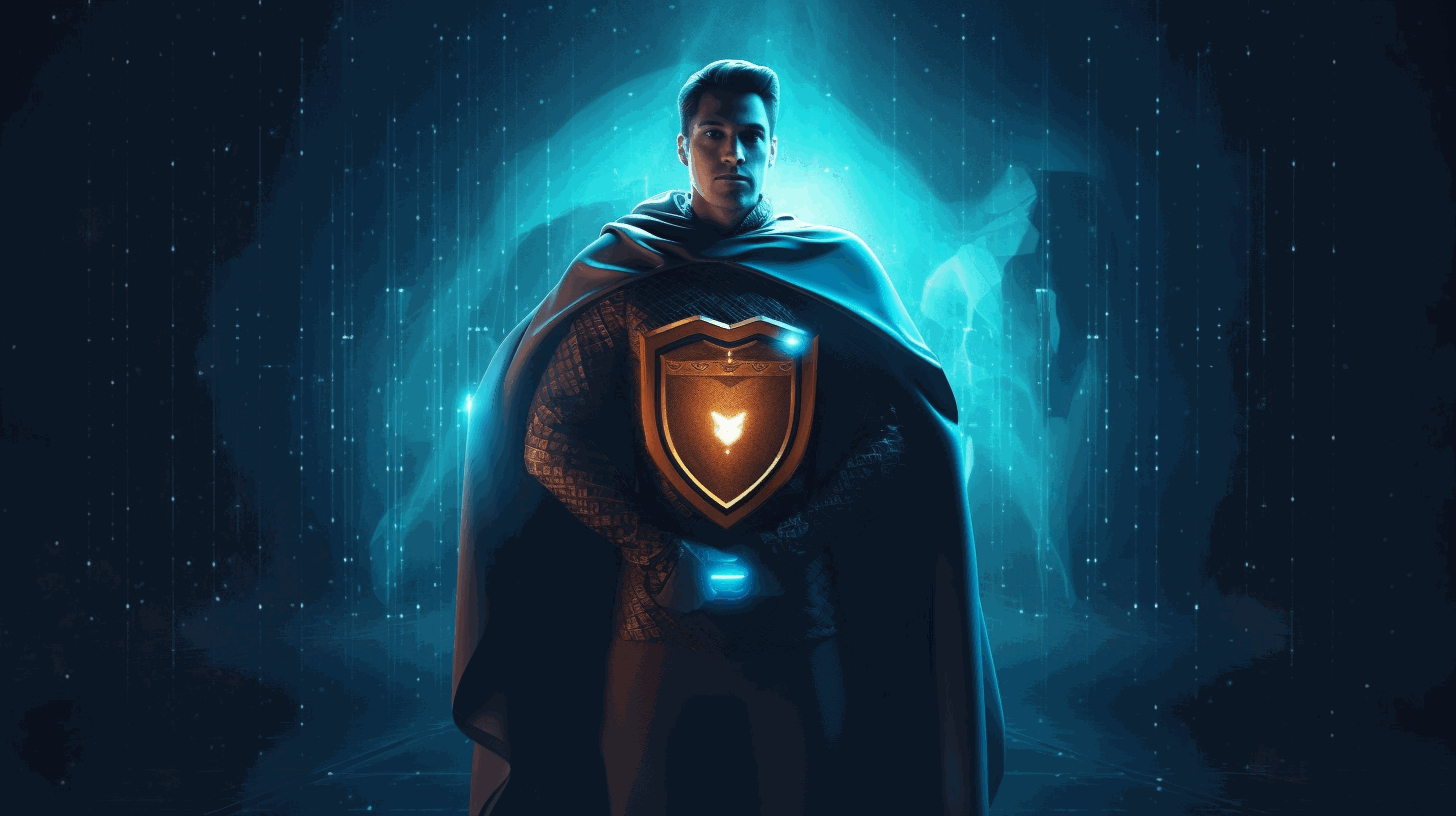 An animated cybersecurity expert wearing a superhero cape, standing confidently with a shield in one hand and a lock symbol in the other, protecting digital assets.