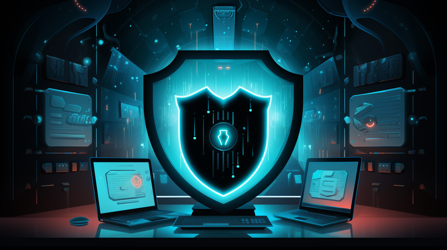 An animated illustration depicting a shield protecting a computer system from various cyber threats.