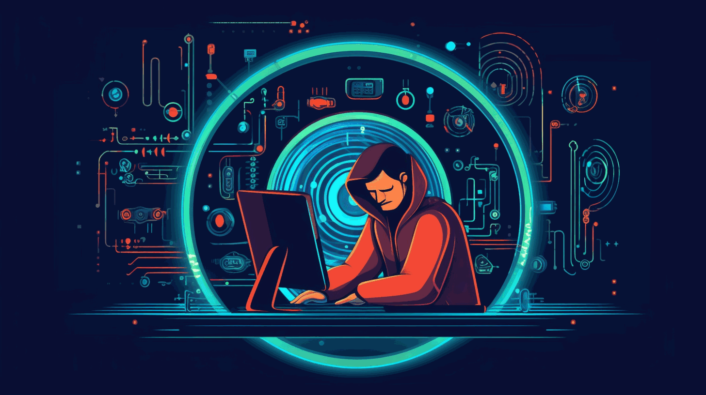An animated illustration of a hacker using a computer and a magnifying glass to represent the exploration and analysis of vulnerabilities and exploits in computer systems.