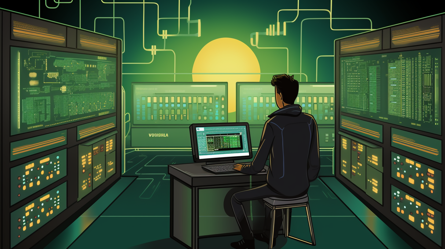 An illustrated cartoon image showcasing a person using PowerCLI commands to manage virtual machines and hosts in a vSphere environment.