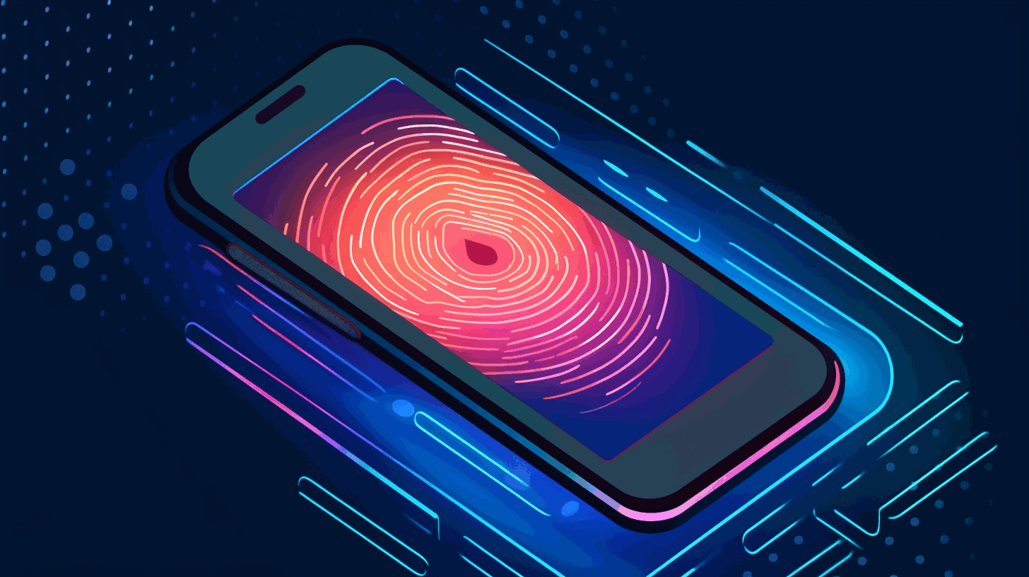 An illustration depicting a person's hand scanning a fingerprint on a smartphone screen, symbolizing biometric authentication technology.