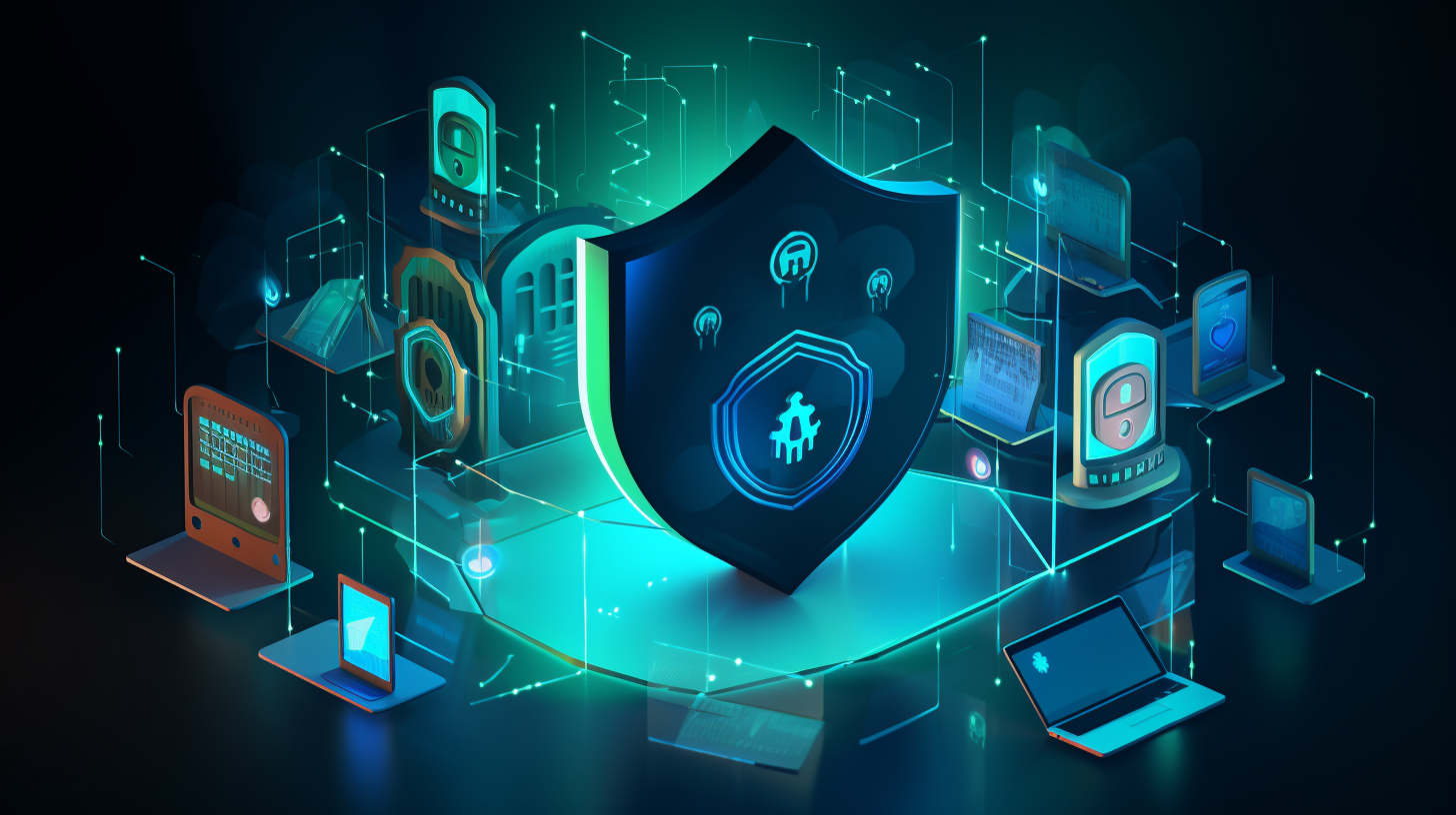 An illustration depicting a shield safeguarding a network infrastructure with interconnected devices, symbolizing network security and protection.