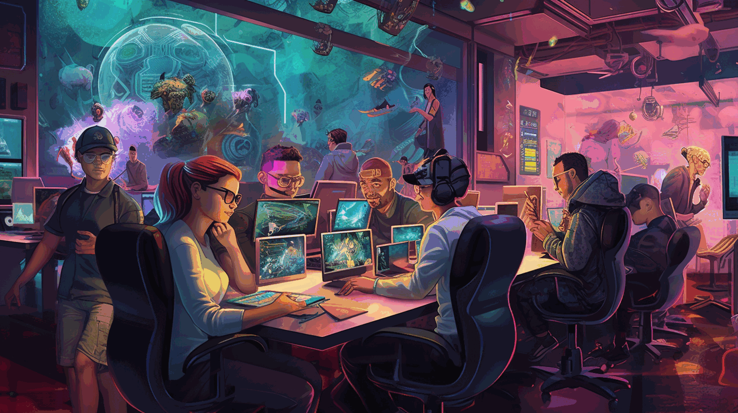 An illustration featuring a group of diverse professionals in a technology-themed setting, collaborating and working with computers and futuristic gadgets.