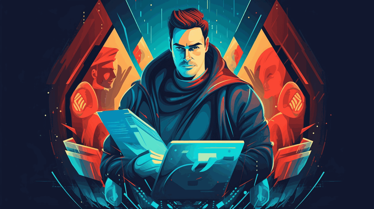 An illustration featuring a shield-wielding cybersecurity professional guarding digital assets against cyber threats.