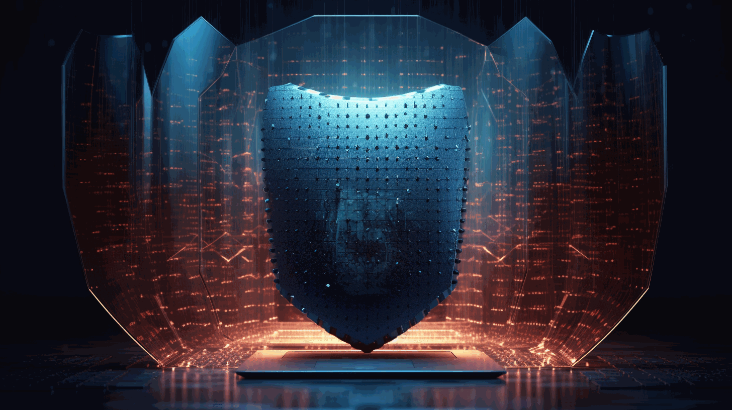 An illustration of a digital shield protecting a computer from dark web and cybercrime threats.