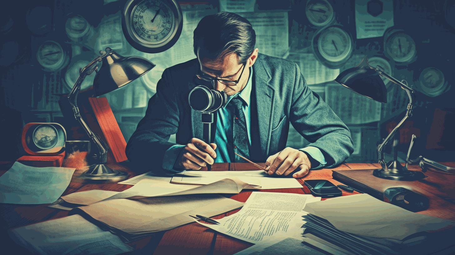 An image depicting a person with a magnifying glass analyzing classified documents and a lock symbol in the background.