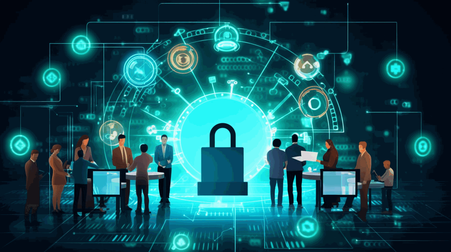 An image featuring a group of diverse business professionals collaborating on a digital platform with lock icons symbolizing cybersecurity.