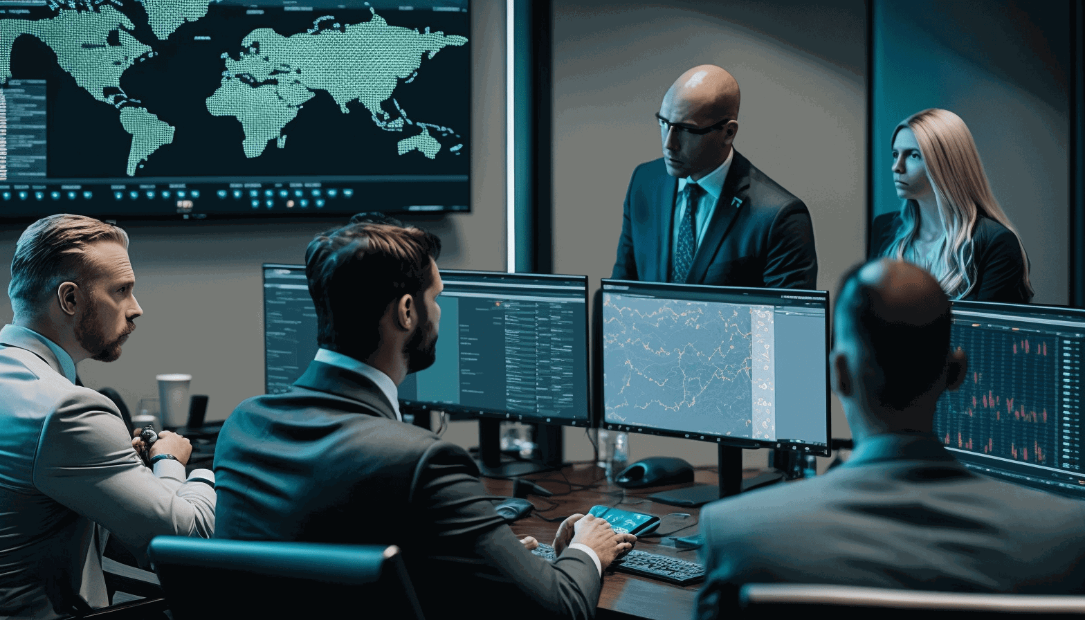 An image of a group of cybersecurity professionals in a boardroom, working together to ensure their organization's systems and data are secure.