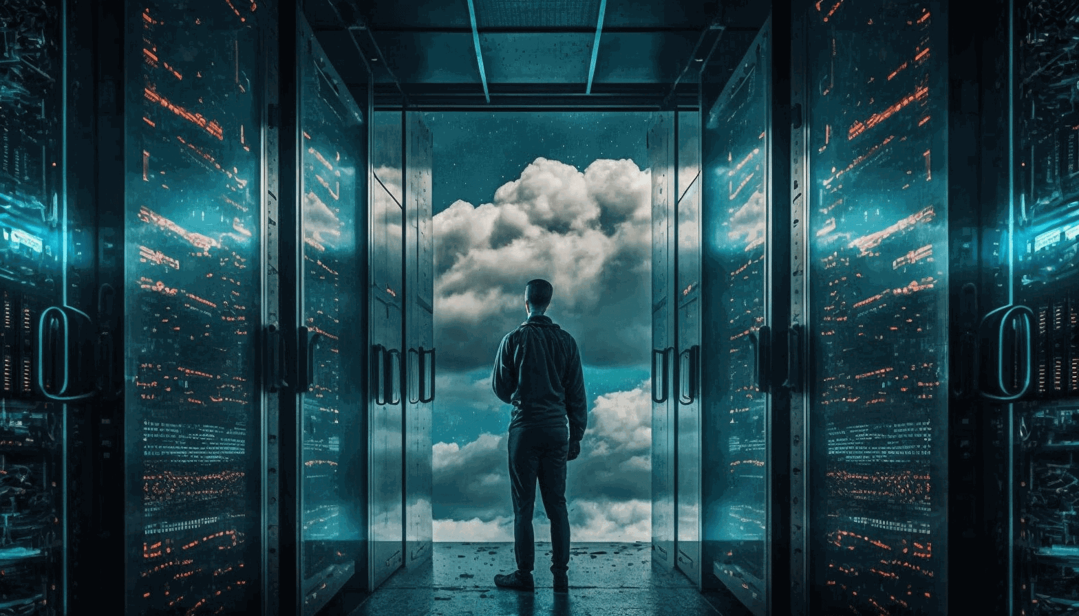 An image of a server room with racks of servers on one side and a cloud on the other side, with a person standing in the middle looking at them both.