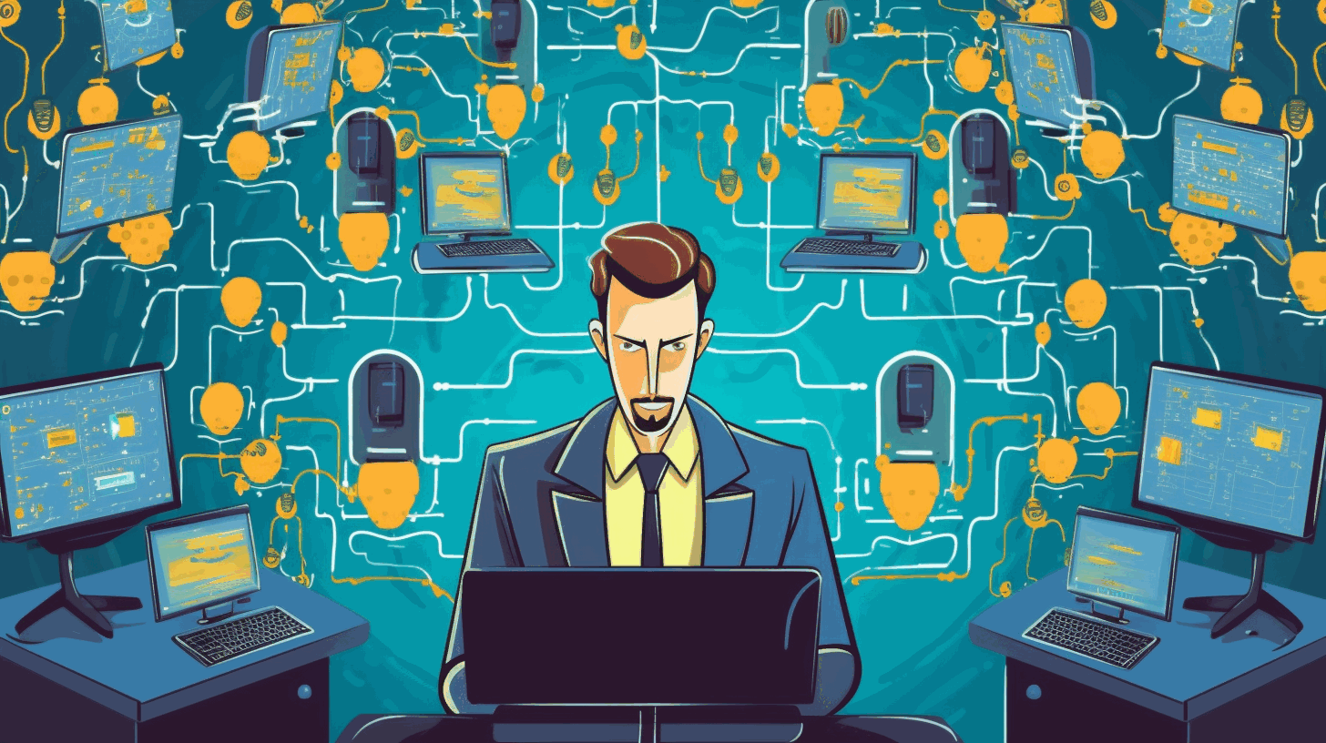 Cartoon illustration of a manager of information systems overseeing a network of computers