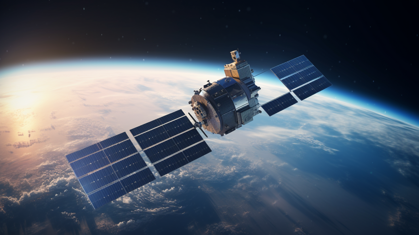 A stylized GNSS satellite in orbit, symbolizing precision.