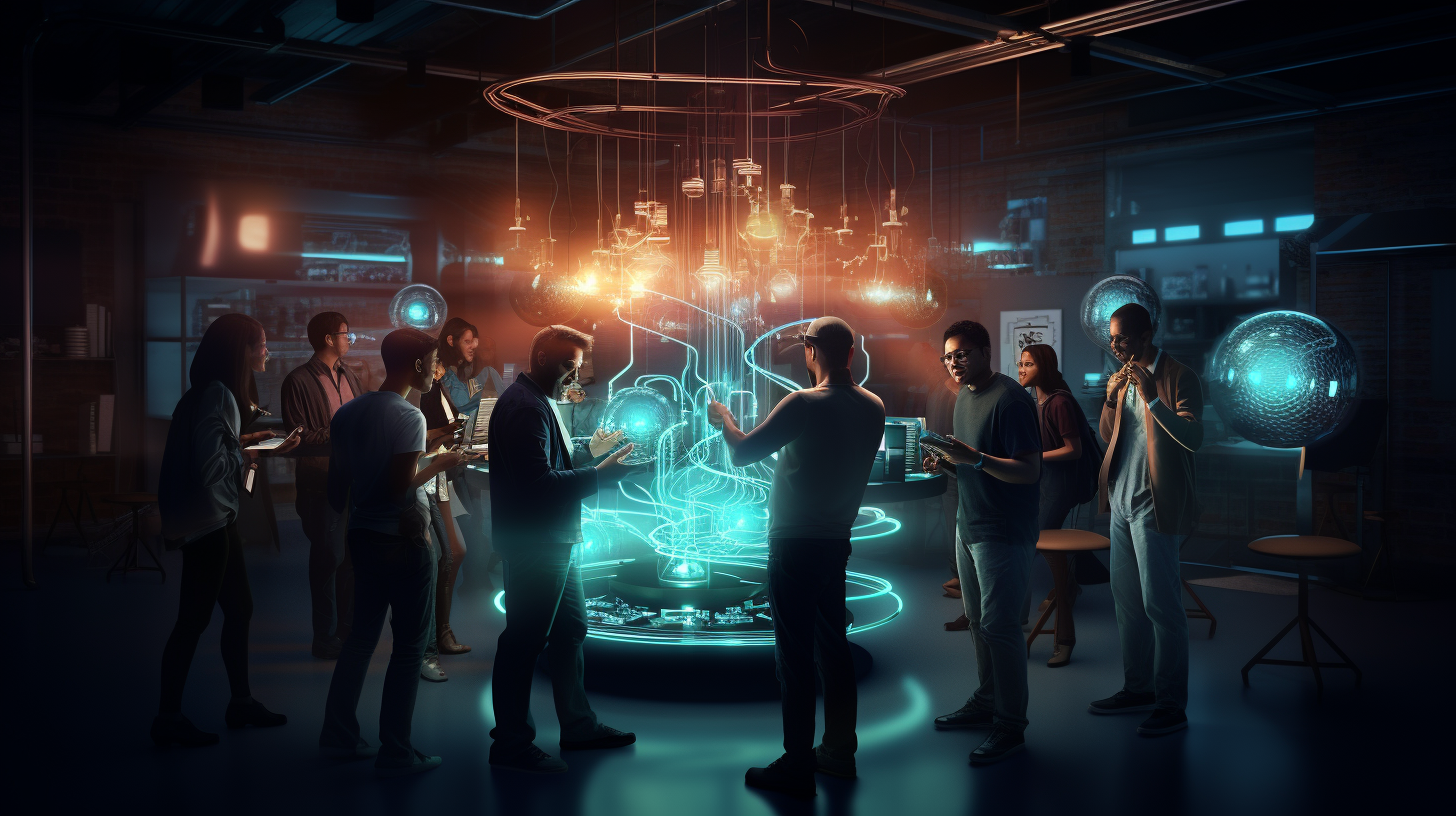  A diverse group of tech enthusiasts gathering around a glowing homelab setup, exchanging knowledge and ideas with excitement.