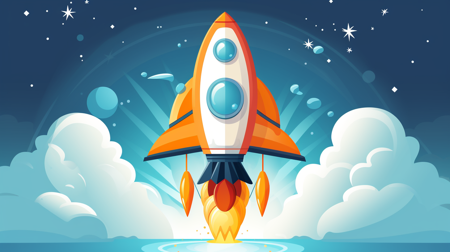 A cheerful cartoon rocket flying through the sky with the text 'OrangeWebsite' on its side, symbolizing the speedy and secure hosting experience.
