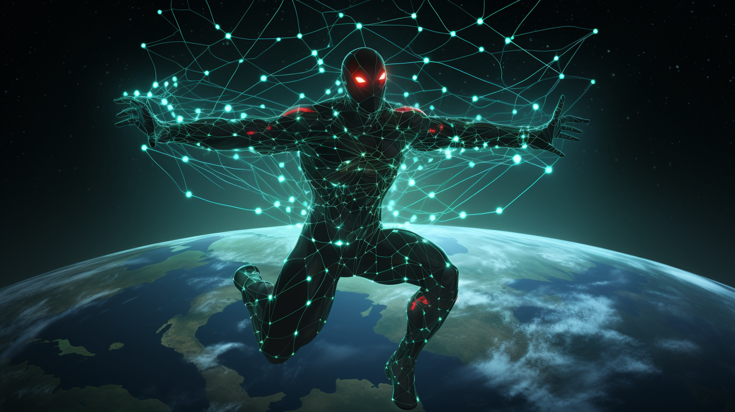 Shodan API in a superhero costume flying over a network landscape.