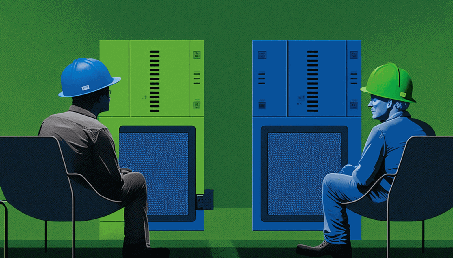 Two servers facing each other, one blue, one green. On the blue side a person stands wearing a hardhat and safety vest. On the green side a person sitting on the couch.