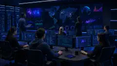 A high-tech cybersecurity incident response center with multiple screens showing data analytics and security alerts, and a diverse team of professionals analyzing information in a dark navy environment.