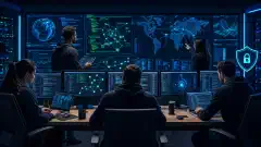 A diverse group of ethical hackers collaborates in a modern cybersecurity environment, analyzing data on multiple screens with code snippets and network diagrams, all set against a dark background.