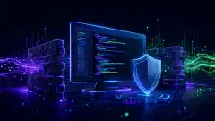 A dark illustration featuring a glowing computer screen with code, surrounded by abstract representations of security elements like firewalls and shields, in vibrant colors of blue, green, and purple.