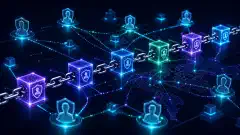 An illustration of a blockchain network with interconnected glowing blocks and lines, representing secure identity management. Silhouettes of users are depicted with digital data shields.