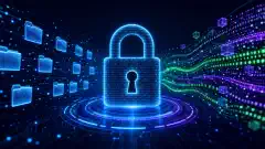 An illustration featuring a digital lock made of binary code, surrounded by glowing folders and streams of code, all against a dark navy background with vibrant blue and green accents.