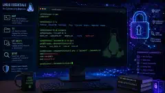 An illustration of a computer screen showing a Linux command line interface with green text commands on a dark background. Surrounding elements represent cybersecurity, like digital locks and network lines.