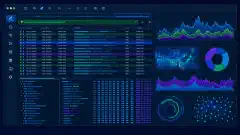 An illustration of a computer screen displaying the Wireshark interface, showing a list of network packets, colorful graphs for network statistics, and a dark navy background.