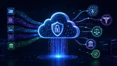 A dark illustration of a cloud surrounded by vibrant streams of data, representing secure cloud backup. Abstract glowing symbols suggest data protection regulations, set against a navy background.