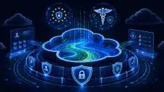 A digital illustration of a cloud-based data lake with flowing data streams in vivid blues and greens, surrounded by abstract security elements, set against a dark background.