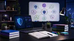 A modern study space featuring a desk with an open laptop displaying cybersecurity materials, surrounded by colorful textbooks and notes, against a dark background.