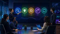 A group of diverse professionals collaborates in a modern office, focused on a large digital display illustrating cybersecurity concepts. The scene features laptops and tablets, with a dark background and vibrant colors.