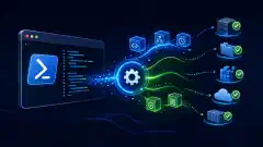 An illustration featuring a stylized PowerShell terminal with abstract symbols around it, representing configuration management and automation, set against a deep navy background.