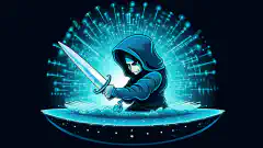 A cartoon-style hacker protecting a network shield with a sword.