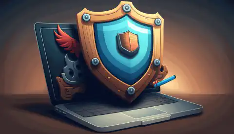 A cartoon-style image of a shield with a lock on it to symbolize security and privacy protection, with a laptop or mobile device in the background.