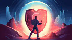 A cartoon-style image showing a person with a shield protecting a digital environment from cyber threats.