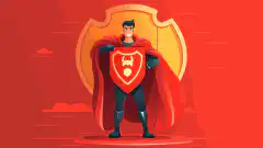 A cartoon character wearing a superhero cape, holding a shield with a lock symbol on it.