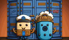 A cartoon docker container and a cartoon kubernetes pod holding hands and standing on top of a locked safe. The background is a wall of computer code.
