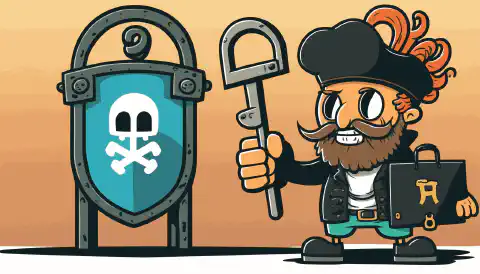 A cartoon hacker standing next to a large lock with one hand holding a Fernet logo key and the other hand holding a Malboge logo key while a flag is seen inside the lock