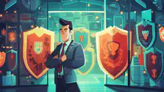 A cartoon illustration depicting a cybersecurity professional safeguarding a network with a shield and lock.