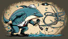 A cartoon illustration of a detective with a magnifying glass analyzing network cables, while Wireshark logo hovers above them, symbolizing the process of network troubleshooting and analysis using Wireshark.
