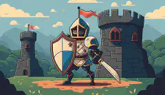 A cartoon image of a castle being guarded by a warrior knight, symbolizing the concept of strong protection for secure and compliant cloud-based storage