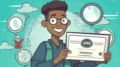 A cartoon image of a person holding a CISSP certificate, with a thought bubble showing different information security topics like security architecture, access control, encryption, and network security.