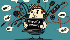 A cartoon image of a person holding a laptop while surrounded by various computer hardware components and networking cables, with a thought bubble displaying a series of CompTIA A+ acronyms and troubleshooting procedures.