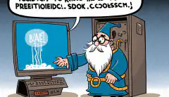 A cartoon of a wizard casting a spell to fix a frozen computer, with a speech bubble saying Problem Solved