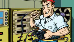 A cartoon technician holding a COTS ONT with a fiber cable in the background.
