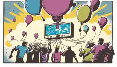 A cartoonish depiction of a group of individuals exploiting a helium balloon with an image of a LoRaWAN gateway and MiddleMan or Chirp Stack Packet Multiplexer in the background.
