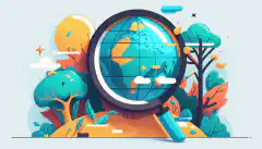 A cartoonish world globe with a magnifying glass hovering over it symbolizing the Presearch platform as a community-driven and decentralized search engine