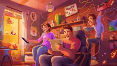 A colorful cartoon illustration depicting a happy family at home, surrounded by various devices connected to T-Mobile Home Internet.