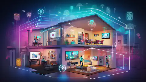 A colorful illustration depicting a home with Wi-Fi signals spreading throughout the rooms, symbolizing the coverage and connectivity of a Wi-Fi mesh system.